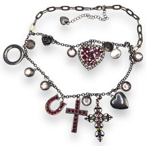Vtg Y2K Betsey Johnson Rhinestones Heart Cross Layered Charms Necklace Horseshoe